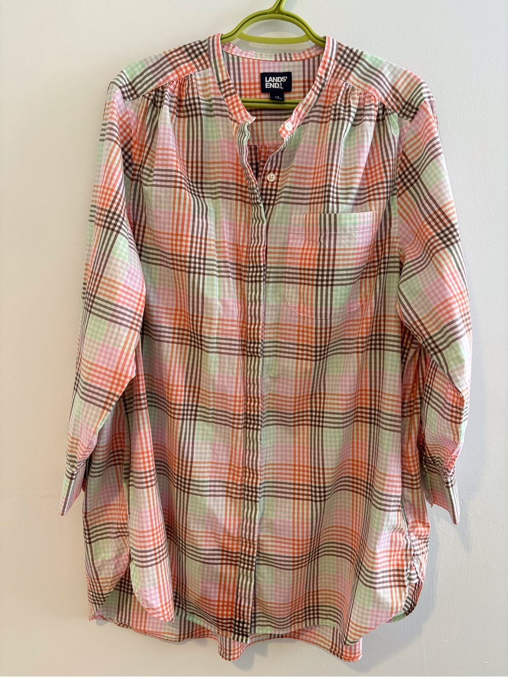 Lands' End Pink Plaid Tunic Preppy Cotton Shirt